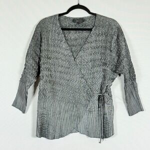Free Woman Sz 20 Top Shirt Crinkle Silver Shiny V Neck Wrap Elegant Luxe Glamour